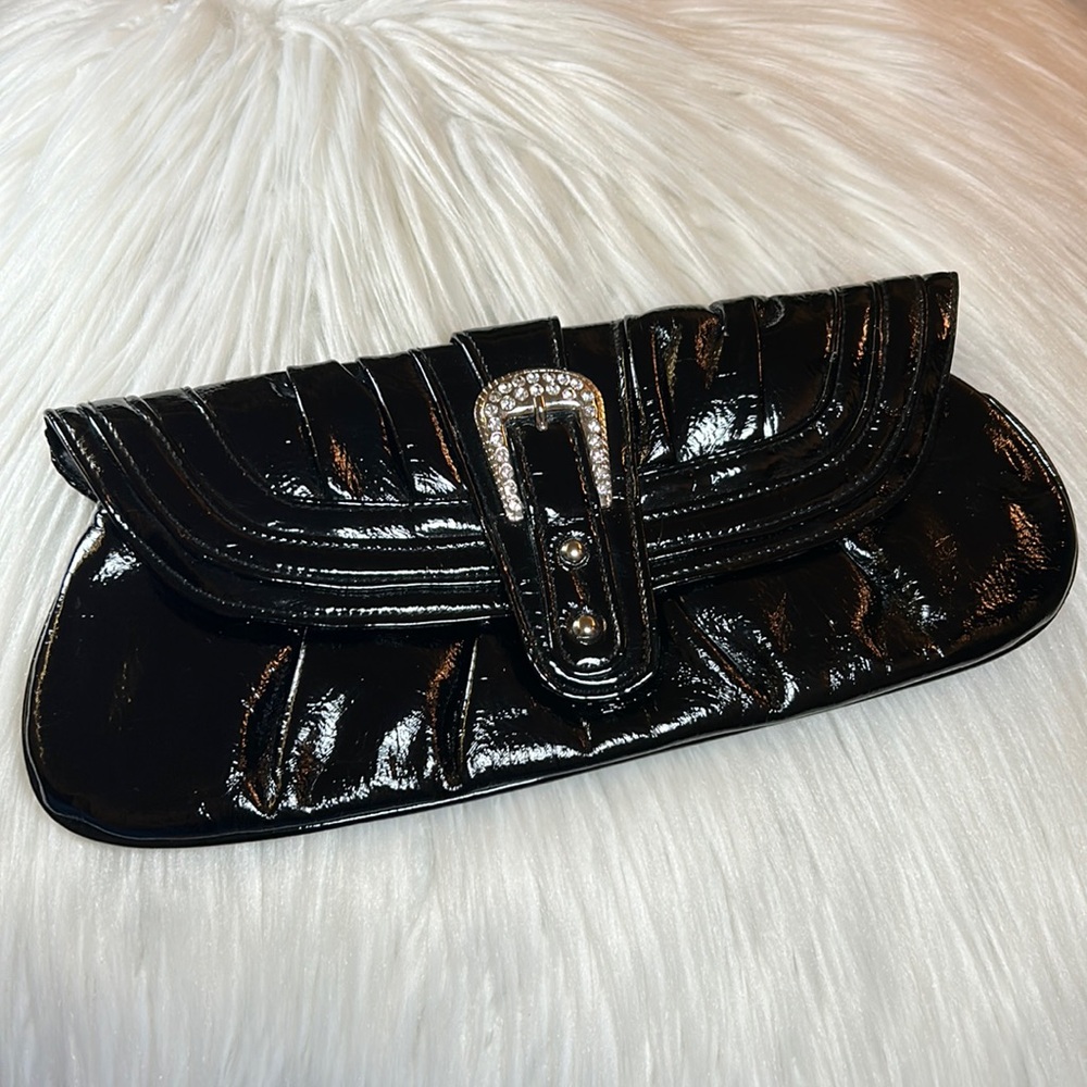 Chic Black Patent Faux Leather Party Clutch w/ Shiny Crystal Buckle, Purse - EUC
